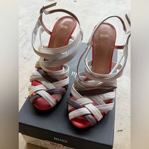 BOSS Multicolor Strappy Heeled Sandals — White, Gray & Red